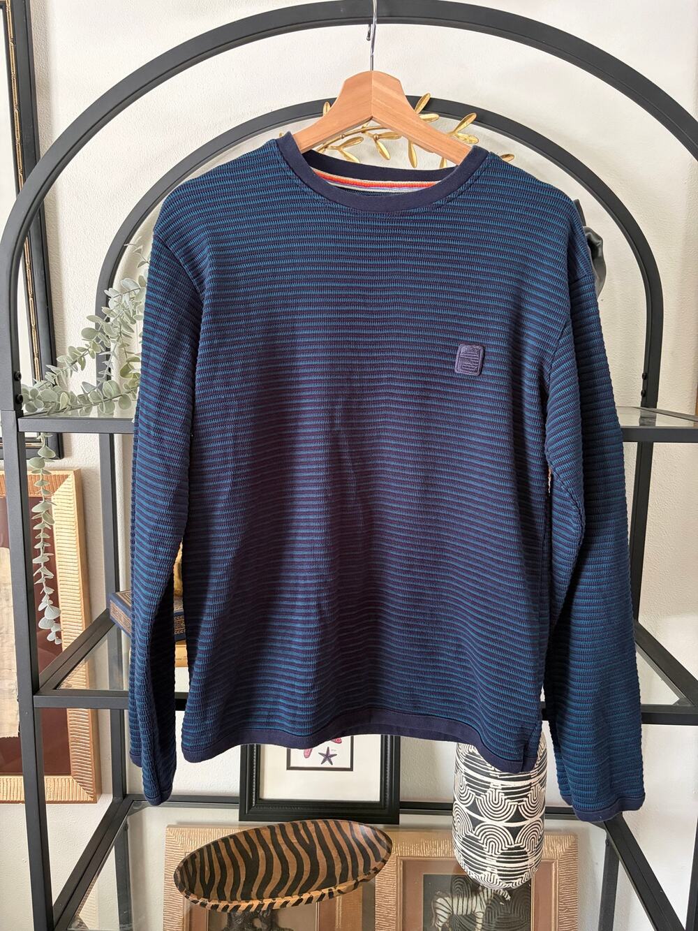 Laguna Thermal Waffle Knit Striped Crewneck Pullover Navy Teal Small